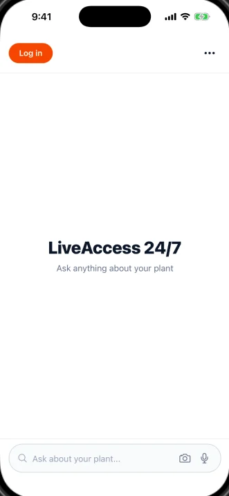 LiveAccess 24/7 home screen with a Log in button and an Ask about your plant search bar