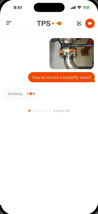 A photo of a butterfly valve and a typed question about servicing it, while the app prepares an answer