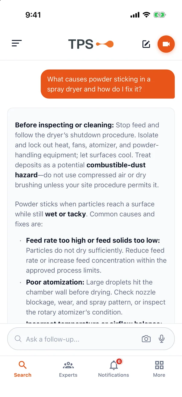 A step-by-step answer about powder sticking in a spray dryer, with a follow-up box below